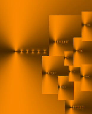 Abstract of ten overlaid burnished gold and dark grey rectangles of various sizes, with six points of light in a horizontal line on each.