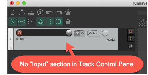 Reaper track control panel with no Input section showing