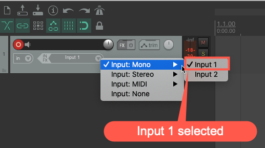 Reaper Input Section drop-down menu