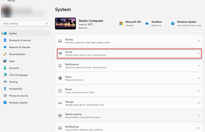 Windows 11 System panel with Sound icon