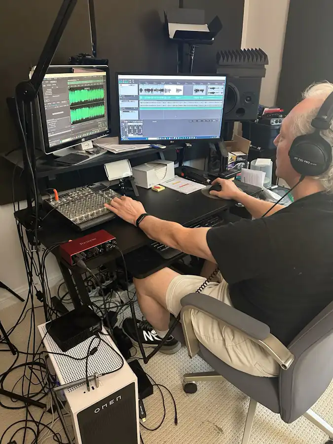 Ken Theriot seen from behind in headphones operates a mixing console at his audio production workstation, monitoring waveforms on dual computer screens.